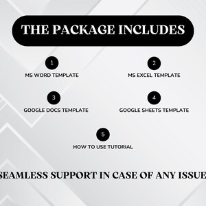 May include: A graphic with the text "THE PACKAGE INCLUDES" at the top. Below are numbered items: MS Word Template, MS Excel Template, Google Docs Template, Google Sheets Template, and a How to Use Tutorial. The text "SEAMLESS SUPPORT IN CASE OF ANY ISSUE!" is at the bottom.