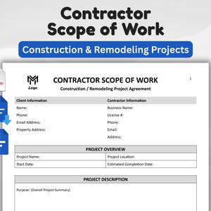 May include: A white document titled "Contractor Scope of Work" with the subtitle "Construction & Remodeling Projects." The document includes sections for client and contractor information, project overview, and project description. PDF, DOC, and W file icons are on the left.