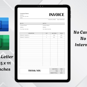 May include: A digital invoice template on a tablet. The white invoice has black text, with fields for company details, product descriptions, and totals. The text "US Letter 8.5 x 11 inches" is visible. The image also includes the text "No Canva No Internet".