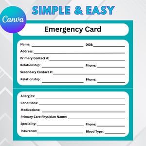 Emergency Contact Card | Printable ICE Wallet Card | Editable Medical Info Card for Kids & Adults | Canva + Fillable PDF Template
