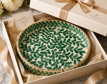 Handgemaakt houten dienblad, groene bladharskunst, rond salontafeldecor