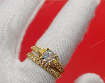 2CT Cushion Cut Moissanite Sterling Silver Engagement Ring Set