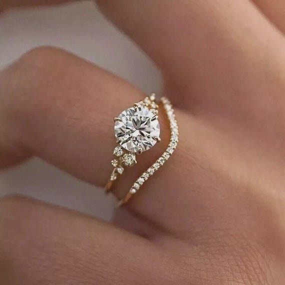14K Yellow Gold Plated 2.00Ct Round Cut Lab Created Diamond Women Bridal Ring Set