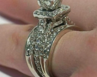 Princess Cut Moissanite Engagement Ring Set, Sterling Silver Halo Bridal Wedding Band