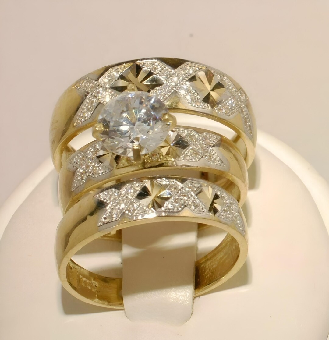 Round Cut Moissanite Diamond 14K Yellow Gold Plated Trio Wedding Ring ...
