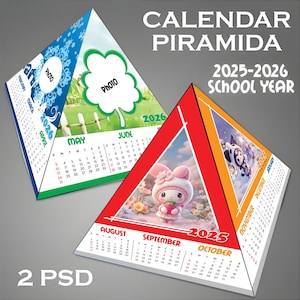 Puede incluir: Calendarios de escritorio en forma de pirámide para el curso escolar 2025-2026. Los calendarios presentan diseños coloridos con personajes de dibujos animados y espacios para fotos. El texto "CALENDAR PIRAMIDA" y "2 PSD" son visibles.