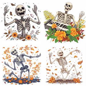 May include: Four illustrations of skeletons in various poses. One skeleton has its arms raised, surrounded by flowers and leaves. Another plays a keyboard. The other two are dancing among falling leaves and flowers. The images have a Halloween theme.