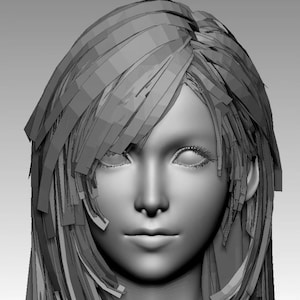 Può includere: Un modello 3D in scala di grigi di un volto femminile con capelli lunghi e a strati. Il modello presenta tratti del viso dettagliati, tra cui occhi con ciglia, naso e bocca chiusa. I capelli sono acconciati con più strati.