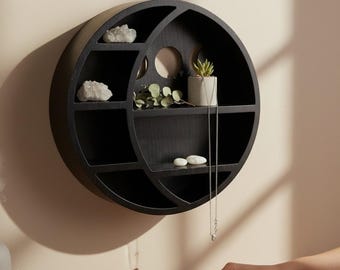 Estante de pared Crescent Moon: Expositor de madera negra para cristales, aceites y artículos pequeños