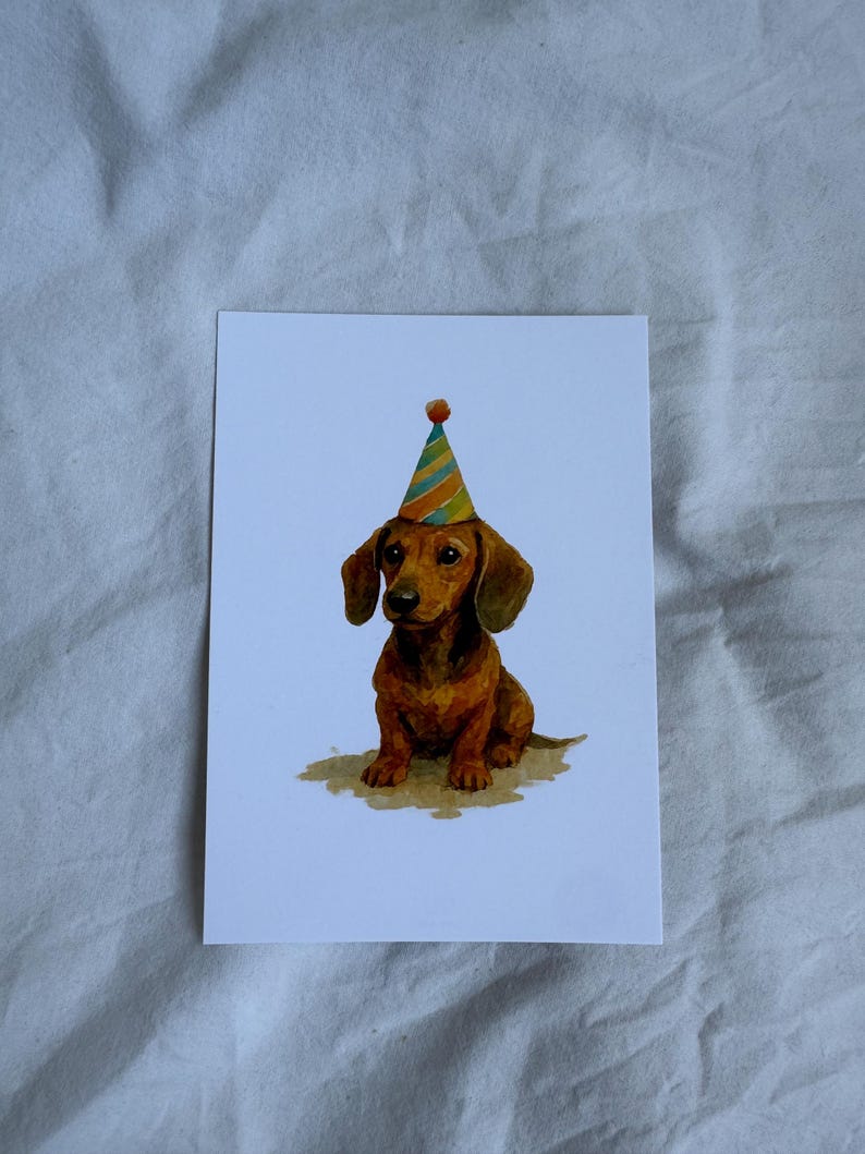 Cute Dachshund Birthday Card – Watercolor Sausage Dog With Party Hat ...
