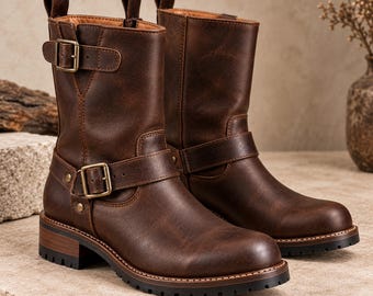 Men's Leather Engineer Boots | Harness Motorcycle Boots | Pull On Mid-Calf Boots | Handmade Men's Boots