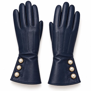 Navy Blue Leather Gloves for Women, Pearl Button Gloves, Elegant Winter Gloves, Long Cuff Gloves, Classic Ladies Gift, Luxury Gloves