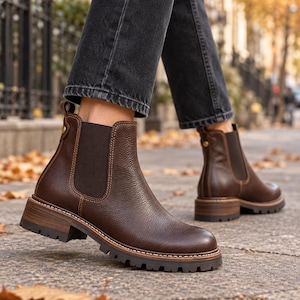 Peut inclure: Bottines Chelsea en cuir marron foncé avec une texture grainée, des panneaux latéraux élastiques, une languette au talon et une semelle épaisse en caoutchouc cranté avec un talon aspect bois. Les bottines présentent des surpiqûres contrastées.