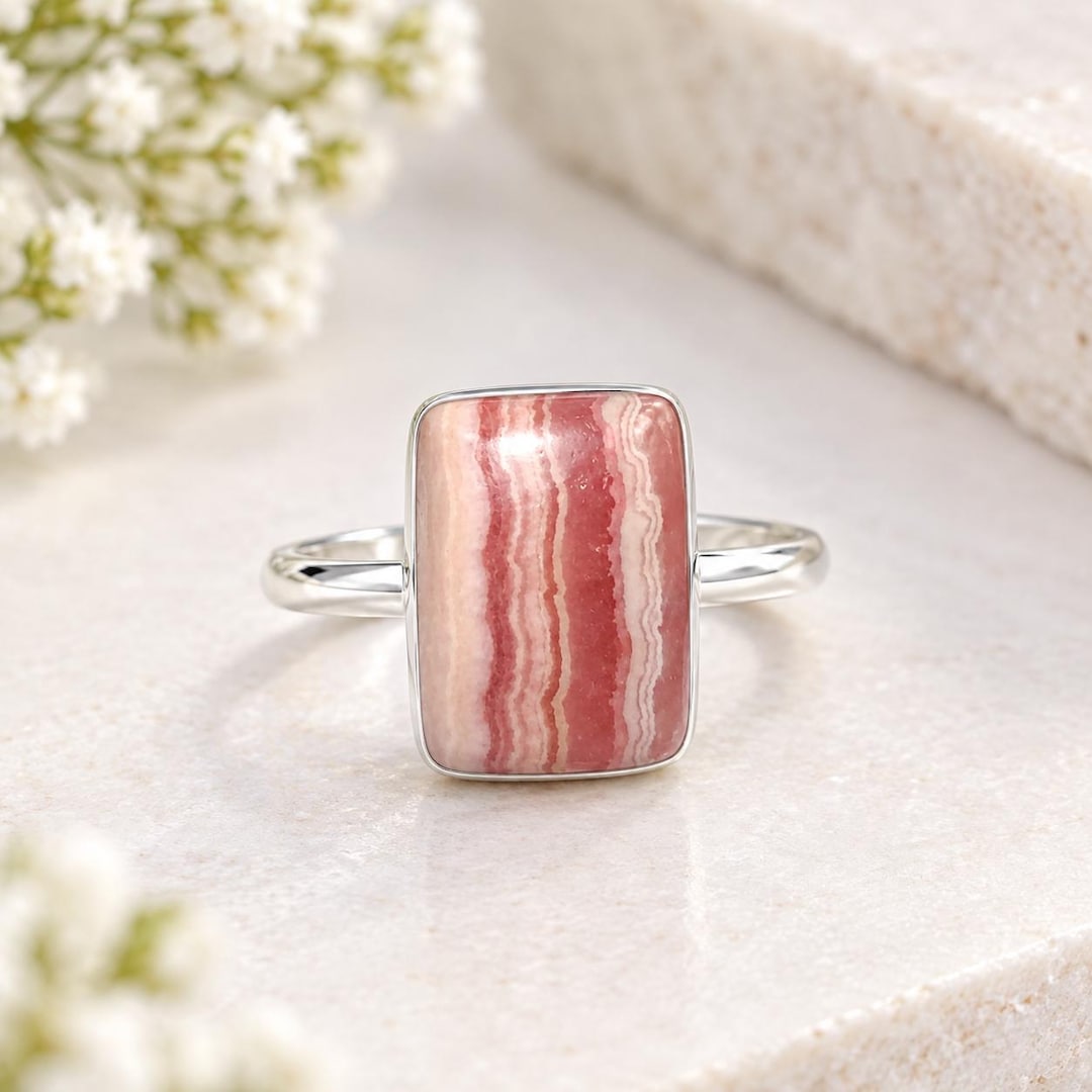 Silver Collector Rings Natural Pink Rhodochrosite Cabochon, 925 Sterling Silver Ring ...