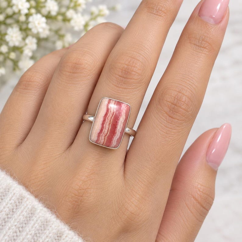 Silver Collector Rings Natural Pink Rhodochrosite Cabochon, 925 Sterling Silver Ring ...