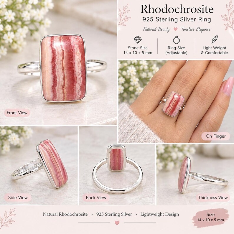 Silver Collector Rings Natural Pink Rhodochrosite Cabochon, 925 Sterling Silver Ring ...