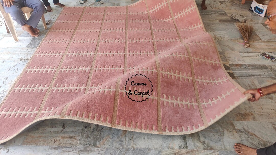Hand Tufted Blush Pink Lily Wool Rug – Modern Grid Geometric Carpet - Etsy