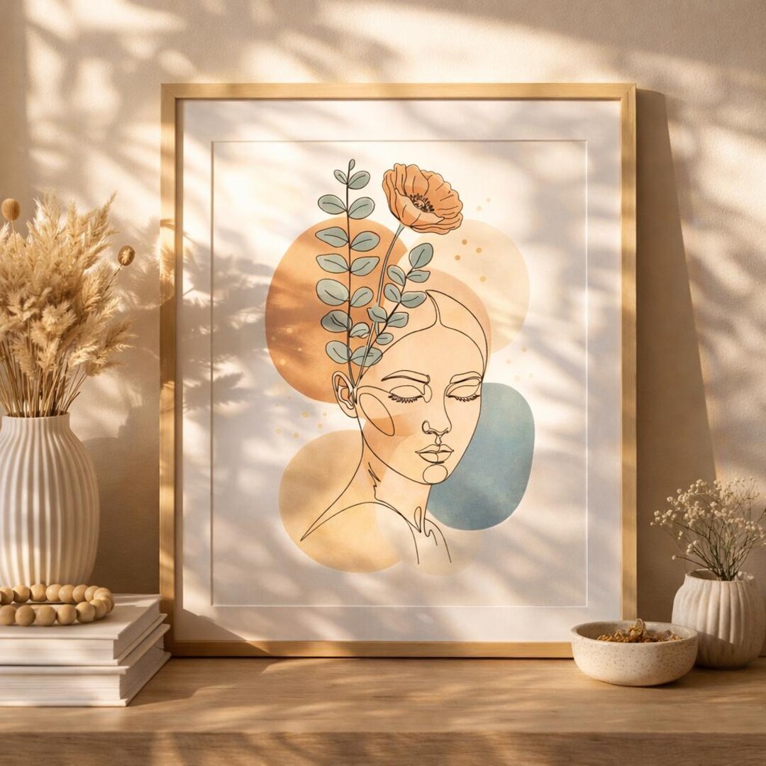 Floral Woman Line Art Print, Minimalist Feminine Wall Decor (digital ...