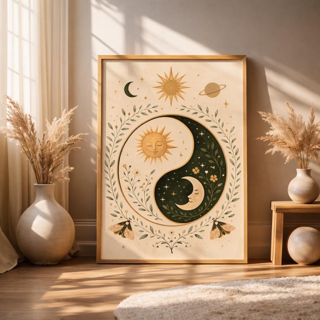 Celestial Yin Yang Wall Art, Sun and Moon Boho Spiritual Decor Print ...