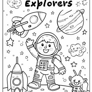Outer Space Explorers Coloring Book for Kids – 8 Printable Pages – Astronaut, Rocket, Alien, Planets – Digital Download Activity PDF