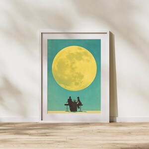 Surreal Moon Art Print: Couple Silhouette, Teal Night Sky (Digital Download)