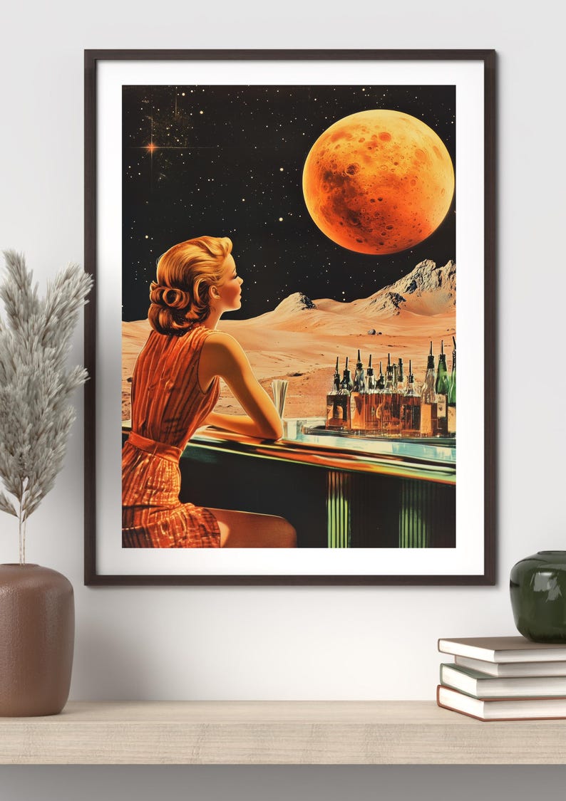 Retro Sci-fi Art Print: Woman at Moon Bar - Vintage Space Age (digital ...