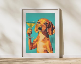 Dachshund Drinking Martini Wall Art, Dog Lover Poster, Bar Wall Decor Painting, Funny Colorful Animal Artwork