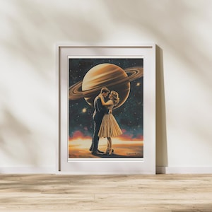 Póster imprimible de espacio retro / Decoración surrealista de ciencia ficción de los años 70 / Pareja bailando frente a Saturno / Impresión vintage de Saturno Nights