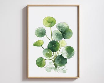 May include: Watercolor painting of a Pilea peperomioides plant, also known as a Chinese money plant, in a wooden frame. The artwork features a cluster of round, green leaves with varying shades, creating a natural and botanical aesthetic. The leaves are arranged on slender stems.