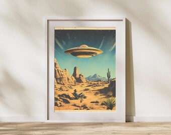 Arte desértico extraterrestre con OVNI, vaquero: Foto vintage de ciencia ficción del oeste (archivo PNG de descarga digital)