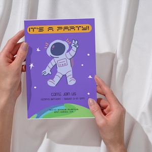Weltraum-Geburtstagsfeier-Einladungsvorlage, Astronaut-Weltraum-Themenkarte, digitaler Download, bearbeitbares Canva-Design, Astronaut Galaxy Party