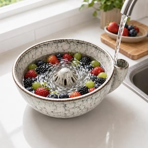 Könnte beinhalten: Eine runde, cremeweiße Keramik-Siebschüssel mit dunklem Craquelé-Glasurmuster. Die Schüssel verfügt über einen mittig erhöhten Abflusskegel und einen seitlichen Griff. Sie ist mit Wasser, roten Erdbeeren, Brombeeren und grünen Trauben gefüllt.