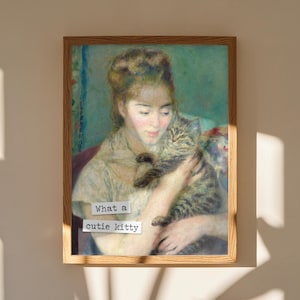猫を抱く女性 – ルノワールのアートプリント - なんて可愛い子猫ちゃん | 猫好きのための面白いヴィンテージウォールアート | 印刷可能なクラシックな絵画風の風変わりなひねり