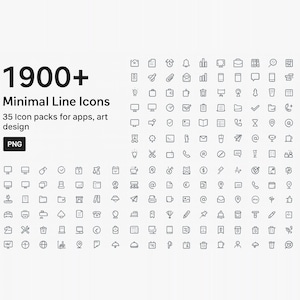 Könnte beinhalten: Eine Ansammlung minimalistischer Linien-Icons in einem Rasterlayout. Das Bild zeigt eine Vielzahl von Icons, darunter Computerbildschirme, Umschläge und Uhren. Der Text oben lautet "1900+ Minimal Line Icons". Das Bild enthält auch den Text "35 Icon Packs für Apps, Art Design" und "PNG".