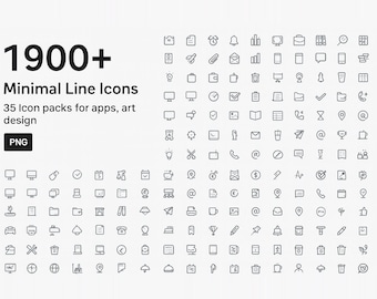 Pode incluir: Uma coleção de ícones de linha minimalistas em um layout de grade. A imagem apresenta uma variedade de ícones, incluindo telas de computador, envelopes e relógios. O texto na parte superior diz "1900+ Minimal Line Icons". A imagem também inclui o texto "35 icon packs for apps, art design" e "PNG".