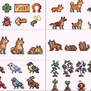 Pode incluir: Ilustra&ccedil;&otilde;es em pixel art de v&aacute;rios animais, plantas e objetos. A imagem inclui c&atilde;es, gatos, p&aacute;ssaros e vegetais, juntamente com amuletos da sorte como um trevo de quatro folhas, uma ferradura e um bilhete.