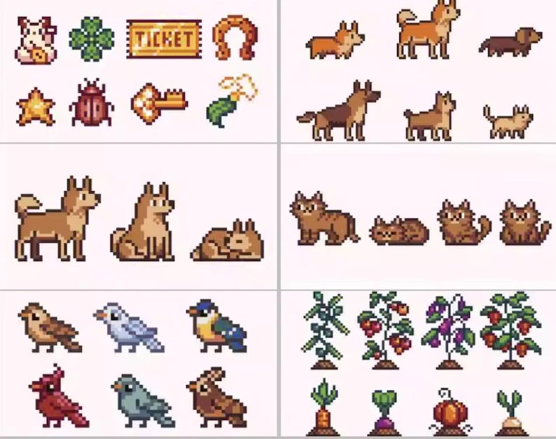Pode incluir: Ilustra&ccedil;&otilde;es em pixel art de v&aacute;rios animais, plantas e objetos. A imagem inclui c&atilde;es, gatos, p&aacute;ssaros e vegetais, juntamente com amuletos da sorte como um trevo de quatro folhas, uma ferradura e um bilhete.