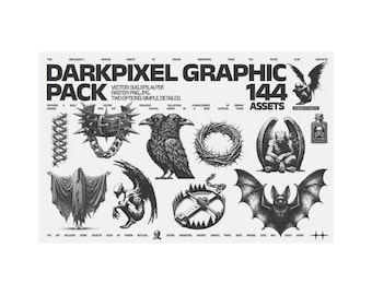 May include: A black and white graphic pack titled "DARKPIXEL GRAPHIC PACK" with 144 assets. The pack includes vector and raster files, featuring detailed illustrations of gothic and dark aesthetic elements such as a two-headed raven, gargoyles, and a bat.