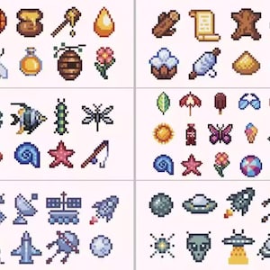 Pode incluir: Ilustra&ccedil;&otilde;es em pixel art de v&aacute;rios objetos, incluindo itens relacionados ao mel, insetos, criaturas marinhas e elementos espaciais. A imagem apresenta uma grade de gr&aacute;ficos coloridos em estilo 8 bits.