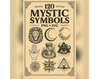 Pode incluir: Um cartaz bege com o texto "120 MYSTIC SYMBOLS PNG + SVG" em estilo vintage. O cartaz apresenta vários símbolos místicos, incluindo um leão, uma lua crescente, uma mão com um olho e uma ampulheta.