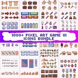 Puede incluir: Una colección de iconos de interfaz de usuario de juegos de pixel art, que incluyen flechas, dados y alimentos. La imagen presenta el texto "1000+ PIXEL ART GAME UI ICONS BUNDLE" en una pancarta morada.