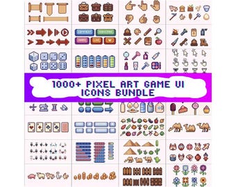 May include: A collection of pixel art game UI icons, including arrows, dice, buttons, and food items. The image features the text "1000+ PIXEL ART GAME UI ICONS BUNDLE" in a purple banner.