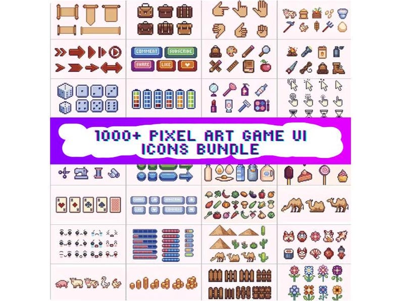 Pode incluir: Uma cole&ccedil;&atilde;o de &iacute;cones de interface de usu&aacute;rio de jogos em pixel art, incluindo setas, dados e alimentos. A imagem apresenta o texto "1000+ PIXEL ART GAME UI ICONS BUNDLE" em uma faixa roxa.
