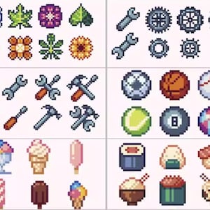 Pode incluir: Uma cole&ccedil;&atilde;o de &iacute;cones de pixel art com v&aacute;rios temas. A imagem inclui desenhos florais, ferramentas como chaves e martelos, bolas esportivas, sorvetes e sushi. Os &iacute;cones s&atilde;o renderizados em um estilo retr&ocirc; de 8 bits.