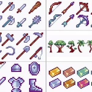Pode incluir: Ilustra&ccedil;&otilde;es pixelizadas de v&aacute;rias armas, incluindo espadas, machados e arcos. A imagem tamb&eacute;m inclui &aacute;rvores, armaduras e lingotes de diferentes cores, sugerindo um tema de jogo ou fantasia.