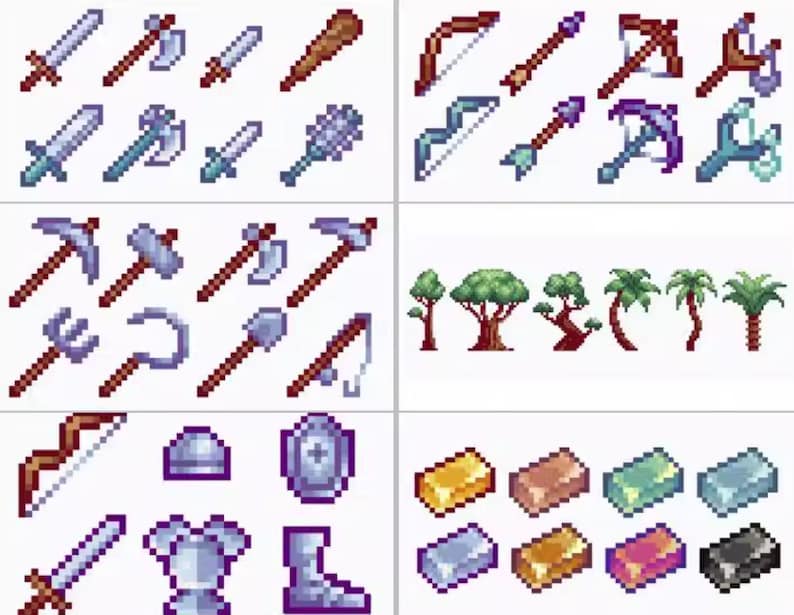 Pode incluir: Ilustra&ccedil;&otilde;es pixelizadas de v&aacute;rias armas, incluindo espadas, machados e arcos. A imagem tamb&eacute;m inclui &aacute;rvores, armaduras e lingotes de diferentes cores, sugerindo um tema de jogo ou fantasia.