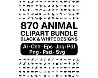 Pode incluir: Um pacote de arte digital em preto e branco com 870 designs de clip art de animais. A imagem apresenta várias silhuetas de animais, com texto indicando formatos de arquivo como Ai, Csh, Eps, Jpg, Pdf, Png, Psd e Svg.