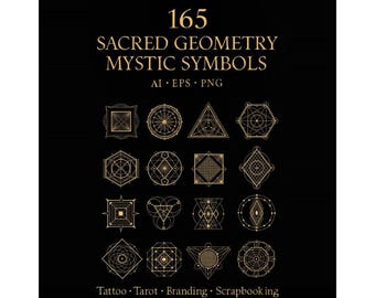 May include: A black background with gold geometric symbols. The image features 165 sacred geometry mystic symbols. Text includes "AI, EPS, PNG" and "Tattoo, Tarot, Branding, Scrapbooking."