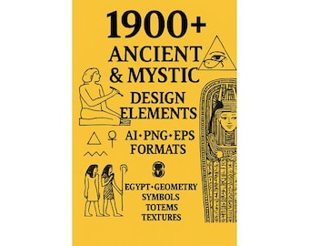 May include: A yellow graphic with black text and illustrations. The text reads "1900+ ANCIENT & MYSTIC DESIGN ELEMENTS" with additional text indicating file formats and keywords like "Egypt, Geometry, Symbols, Totems, Textures."