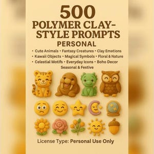May include: An image showcasing polymer clay-style prompts. The text reads "500 Polymer Clay-Style Prompts Personal." The image features various clay creations, including animals, emojis, and celestial motifs. The license type is for personal use only.